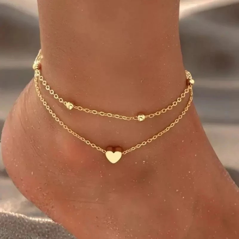 2 Tornozeleira Feminina Coração e Bolinha Folheada a Ouro 18k e Prata 925 Design Delicado Ajustável