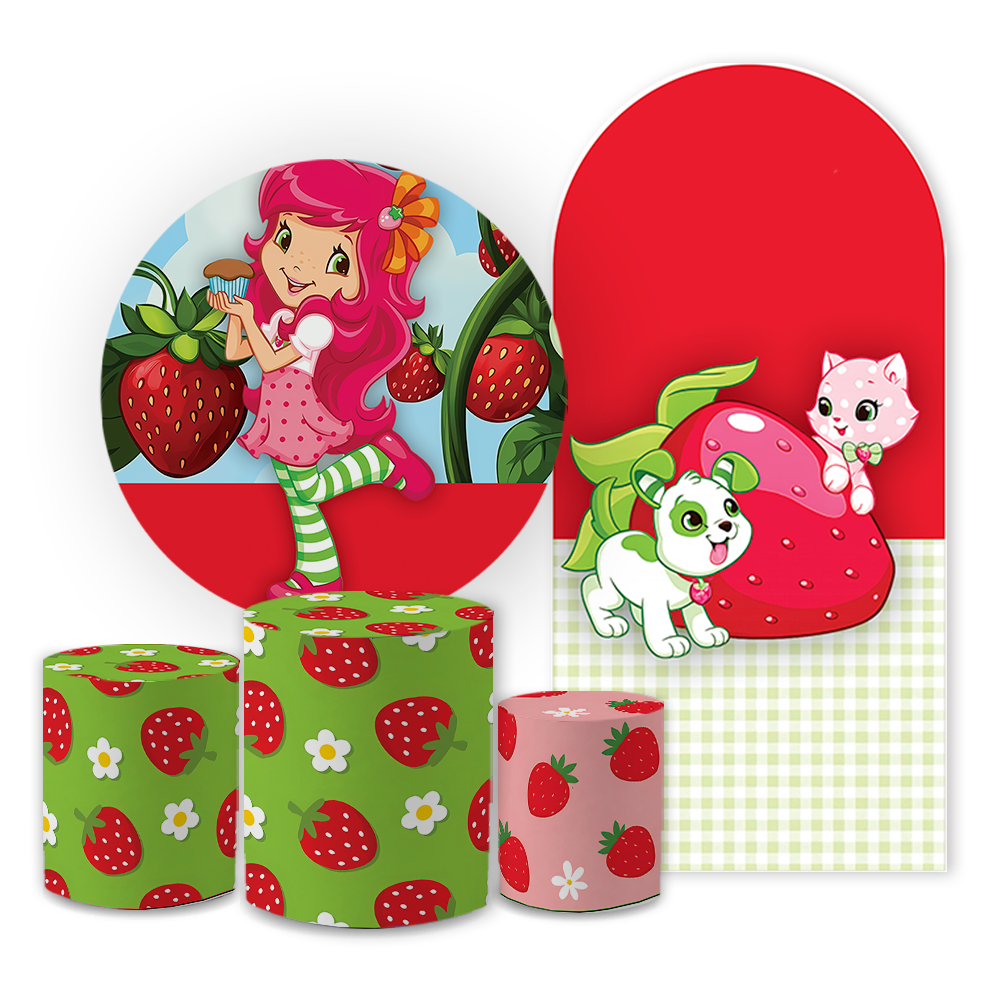 Kit Festa Moranguinho Capas Veste Fácil Bibi Painéis + Cilindros Sublimados Decoração Infantil Completa