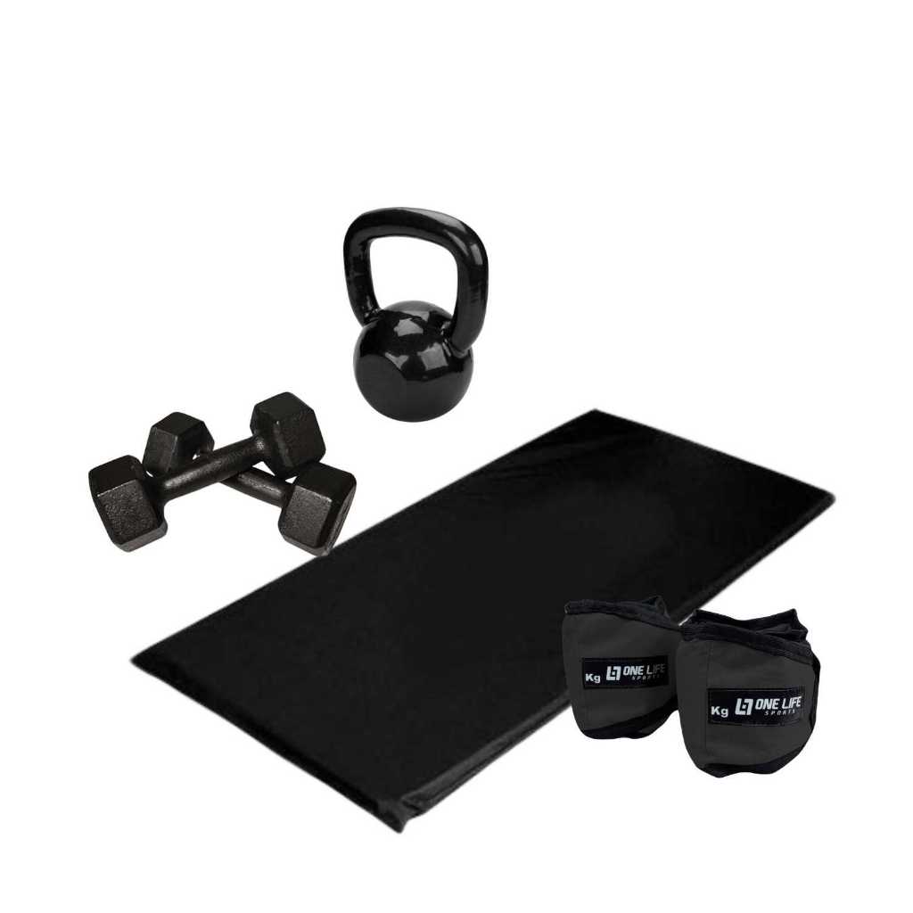 Kit Treino – One Life Sports® – Par Caneleira 5kg + Halter 5kg + Kettlebell | Condicionamento