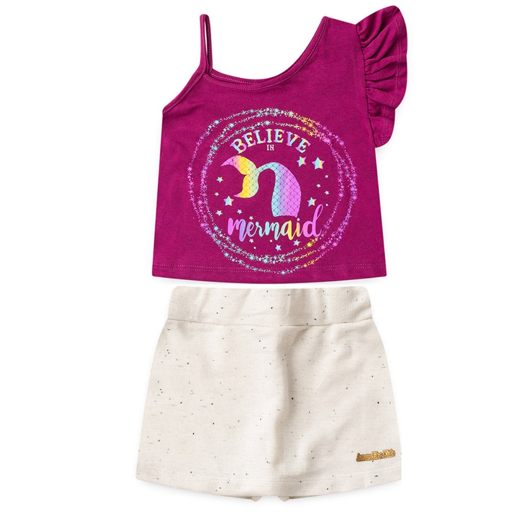 Conjunto Verão Menina Baby Look com Alça E Manga Franzida E Short Saia Feminino L54