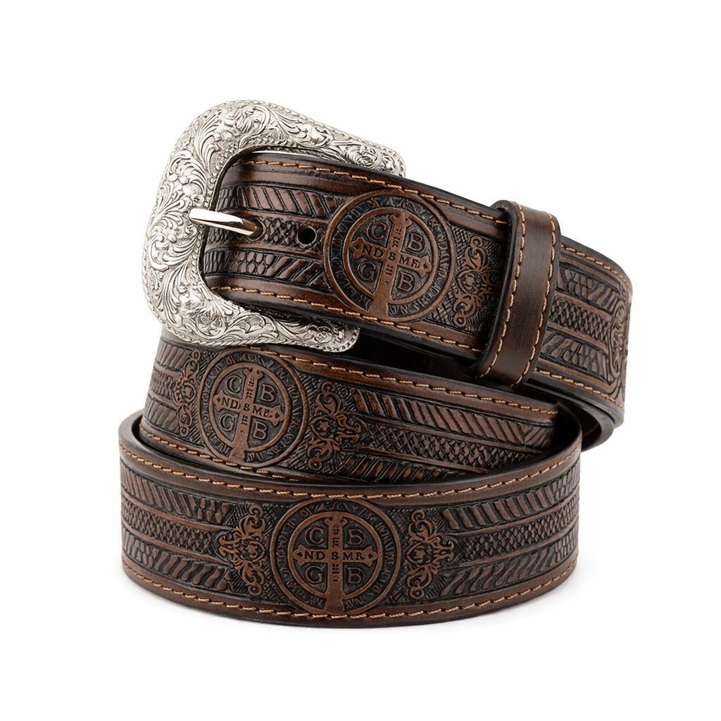 Cinto Religioso São Bento Em Couro Legítimo Entalhado Masculino E Feminino Estilo Sertanejo Country