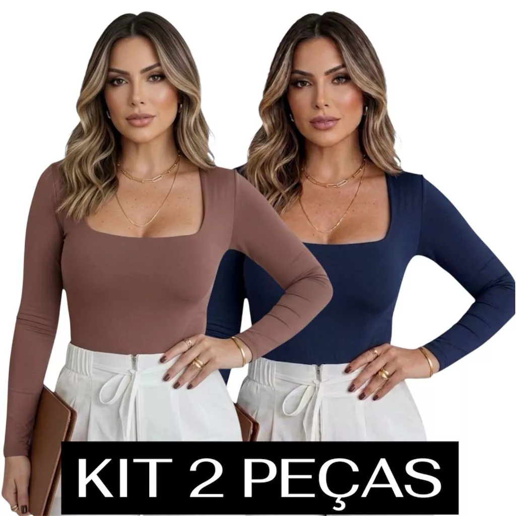 Kit 2 Blusa Feminina Manga Longa Suplex Decote Quadrado Poliamida Tee Academia Proteção UV Segunda — imagem 1