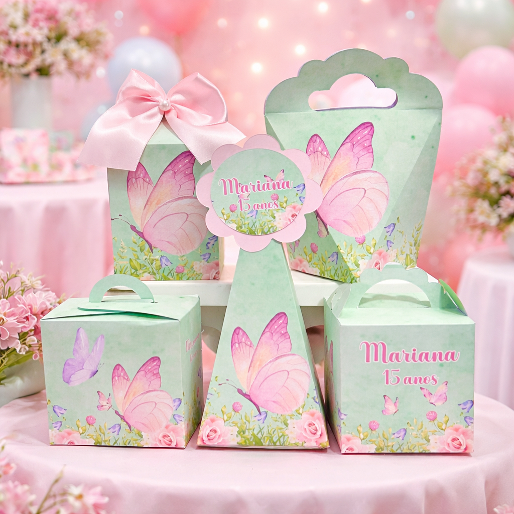 Kit 50 Lembrancinhas Tema Borboleta Personalizadas Caixinhas Festa Infantil Princesa Pegue e Monte