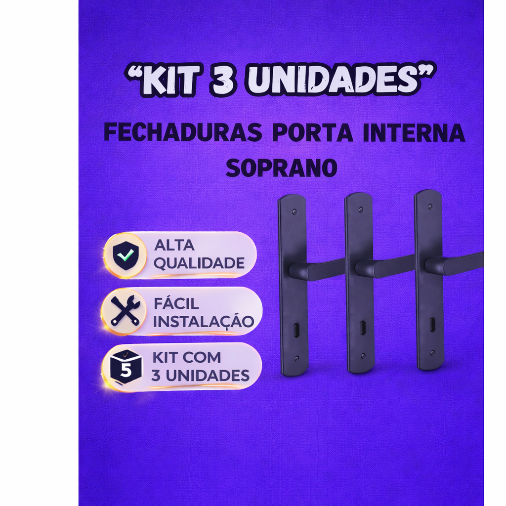 Kit 3 Fechaduras Ipanema Soprano Preta – Porta Interna Quarto | Máquina 40 | Antiferrugem