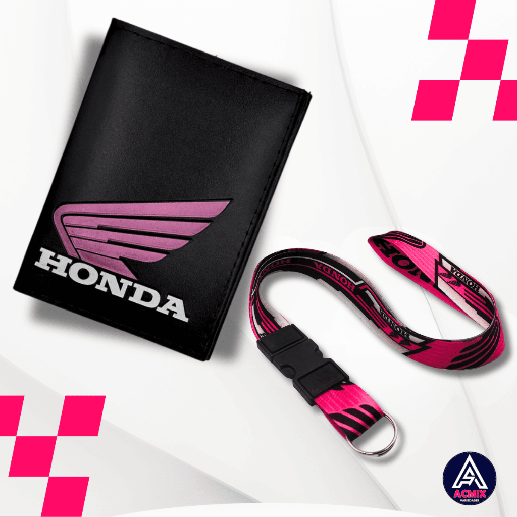 Kit Carteira Porta Documentos Moto Honda Logo Rosa + Cordão Pescoço Engate Rápido Honda Rosa
