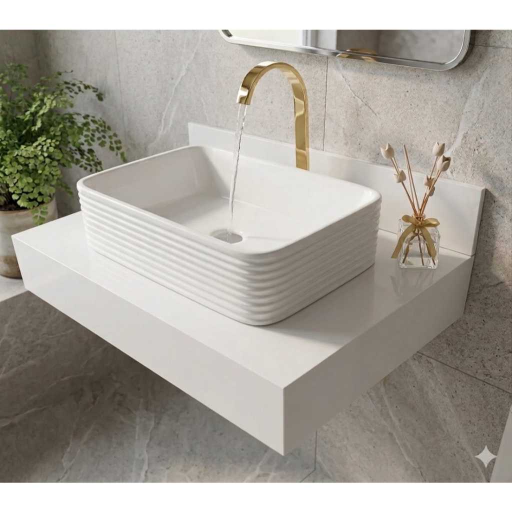 Bancada 60x40x10 cm Branco Em Porcelanato Para Cuba De Apoio Sobrepor Pia Banheiro