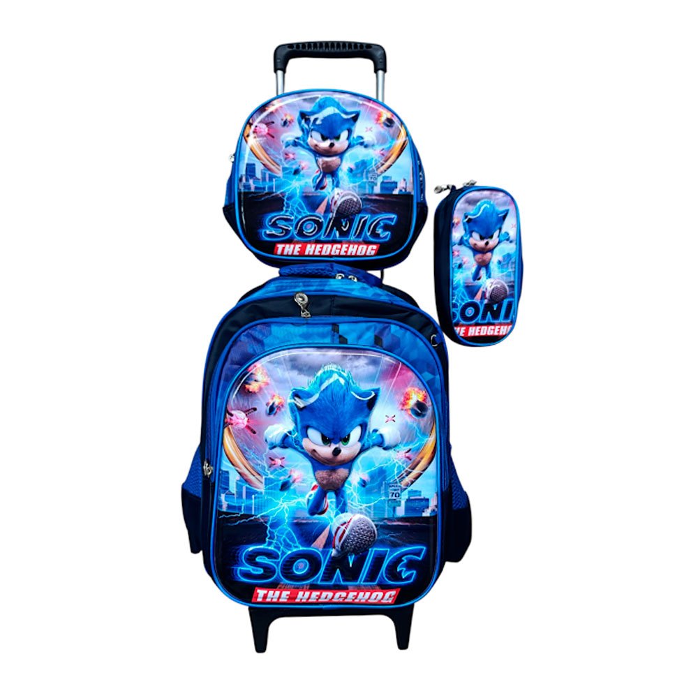 Kit Mochila Sonic 3D com Rodinhas em Alto Relevo + Lancheira Térmico + Estojo Escolar Infantil