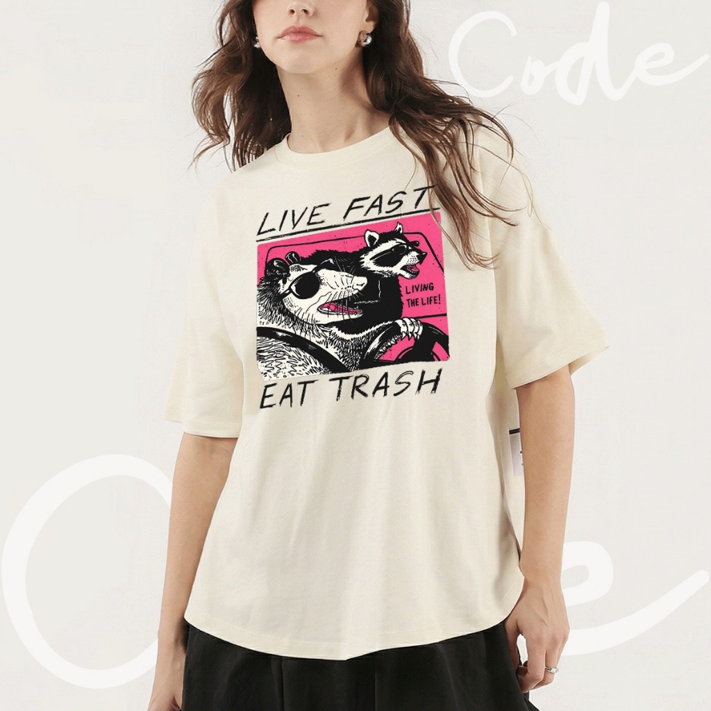 Detalhes do Camisa Camiseta T-Shirt Live Fast Eat Trash Estilo Retrô 100% Algodão Vintage