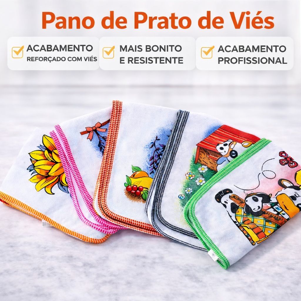 Pano De Prato Atacado Vies Estampado Grande 100% Algodão Estampas Variadas 42 x 68 cm Kit