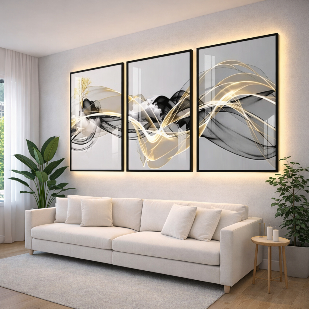 Quadro Decorativo Sala Abstrato Linha Gold Moldura Moderna