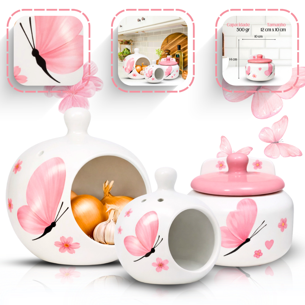 Kit Saleiro com Tampa Porta Cebola Alho Cerâmica Borboleta Decoração Cozinha Grande Utensílio Exclusivo Multiuso