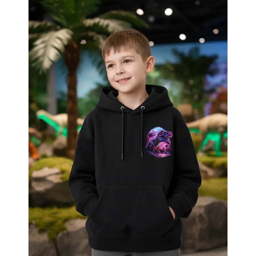 Blusa Moletom Infantil Estampado Dinossauro Neon Promoção Capuz e Bolso Frontal Algodão