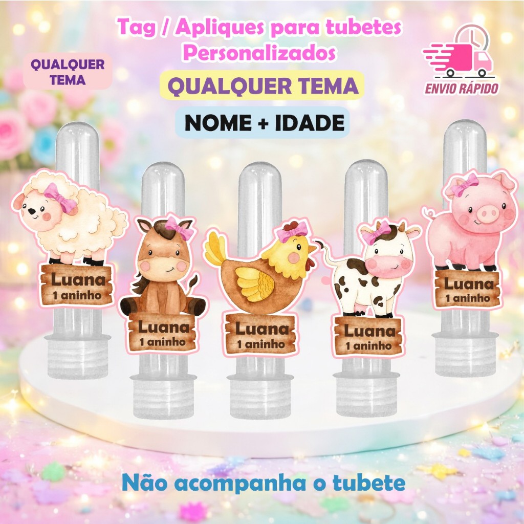 Apliques Personalizados Para Tubetes Fazendinha Rosa Menina - Lembrancinhas Aniversário / Com Nome e Idade