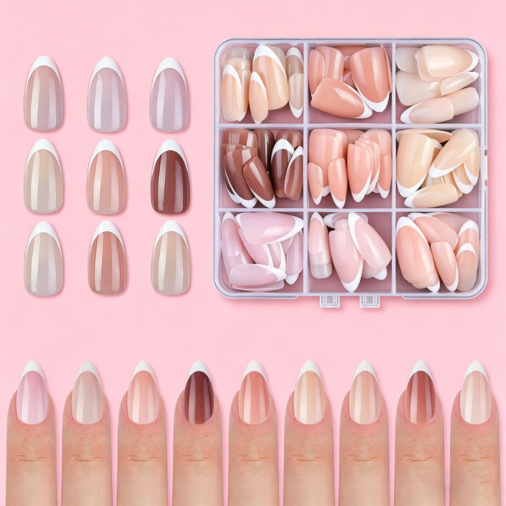 Unhas Postiças Almond Bailarina 108 pcs com 9 Cores e 10 Tamanhos Unhas Francesas