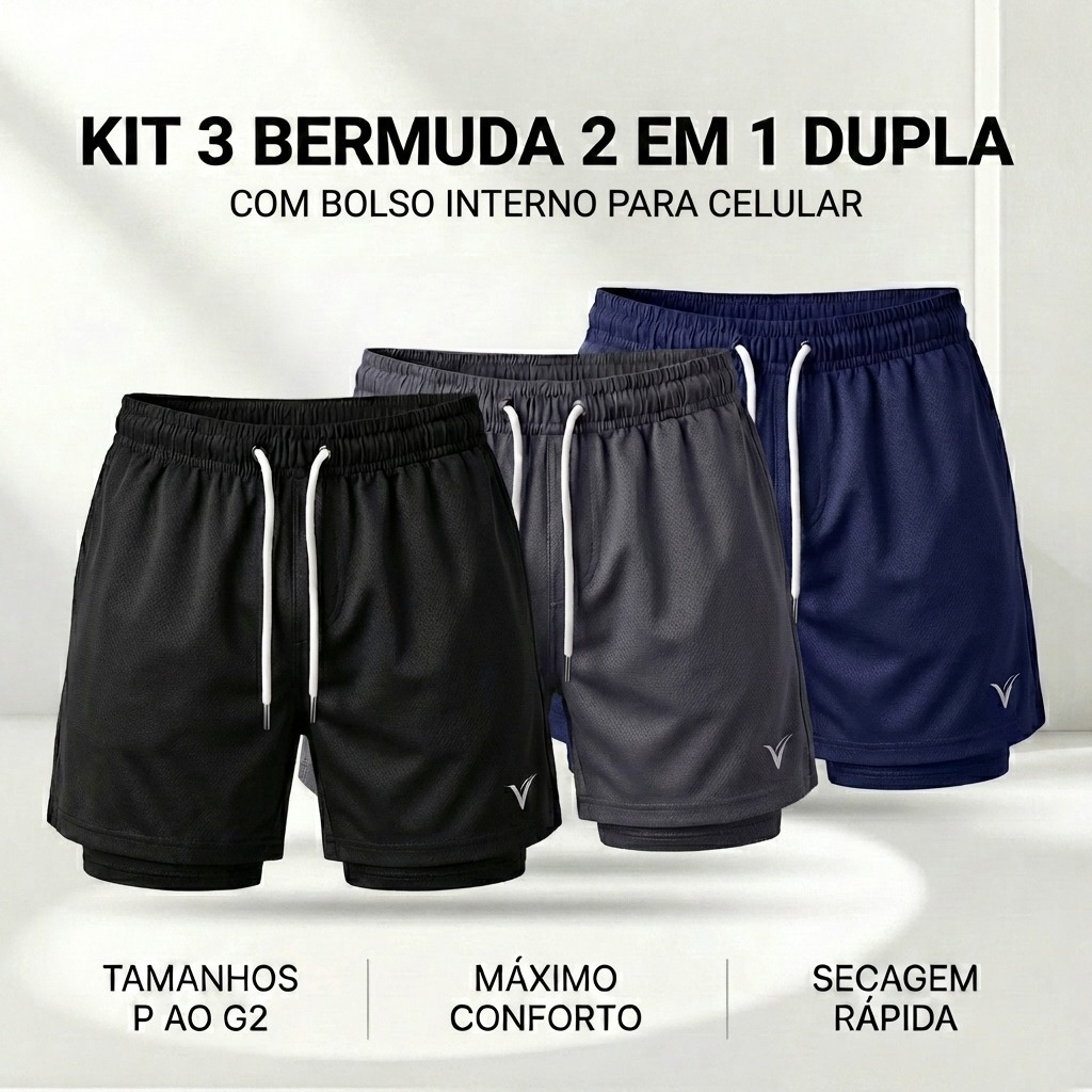 KIT 3 Shorts 2 em 1 DryFit VLS Original Elastano Academia Esporte Treino Masculino