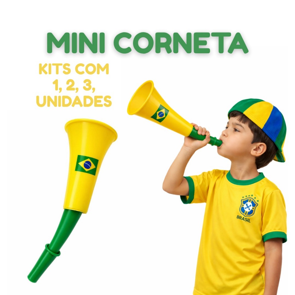Kit com 1, 2, 3 Mini Cornetas Do Brasil Festas Copa Do Mundo Buzina Corneta Torcida Verde Amarela