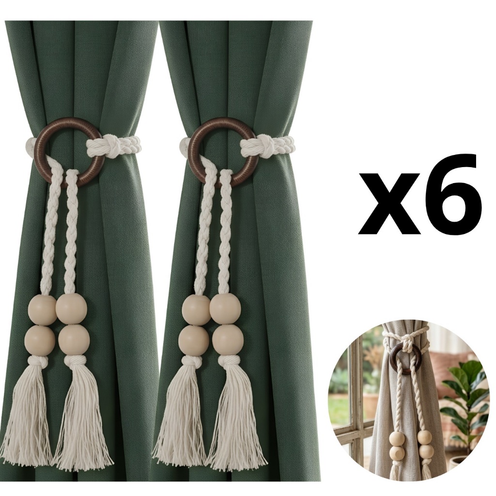 Kit prendedor abraçadeira de cortina artesanal com franjas tassel argola madeira decoração boho chic rustico - Achadinho