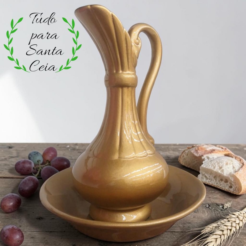 Jarra e Bacia Dourada de Cerâmica Conjunto Grande| Vaso Ânfora Estilo Clássico Decoração Sala Mesa da Ceia