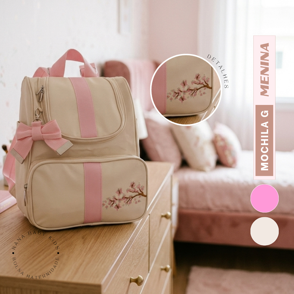 Bolsa Mochila Maternidade Rosa Bebe Grande Térmica Impermeável Bordado Galho
