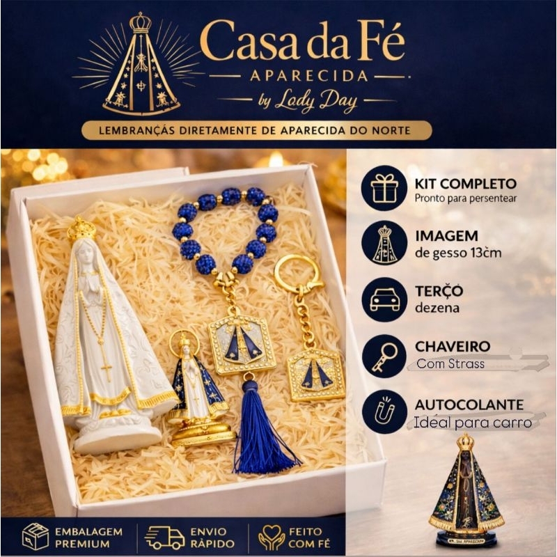 Kit Completo Nossa Senhora Aparecida - Imagem 13cm + Chaveiro + Imagem de carro + Terço
