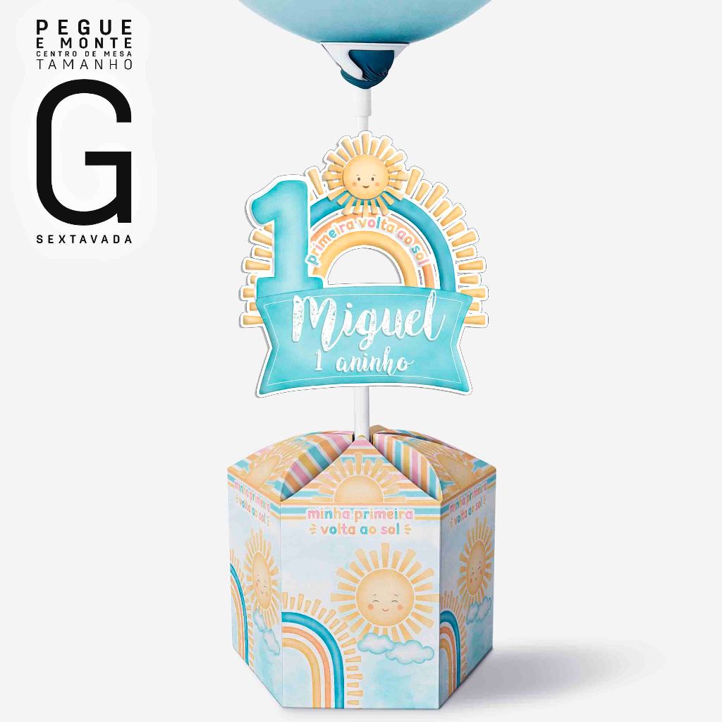 Centro de Mesa PRIMEIRA VOLTA AO SOL AZUL - Caixa Sextavada - Tamanho G - Personalizada