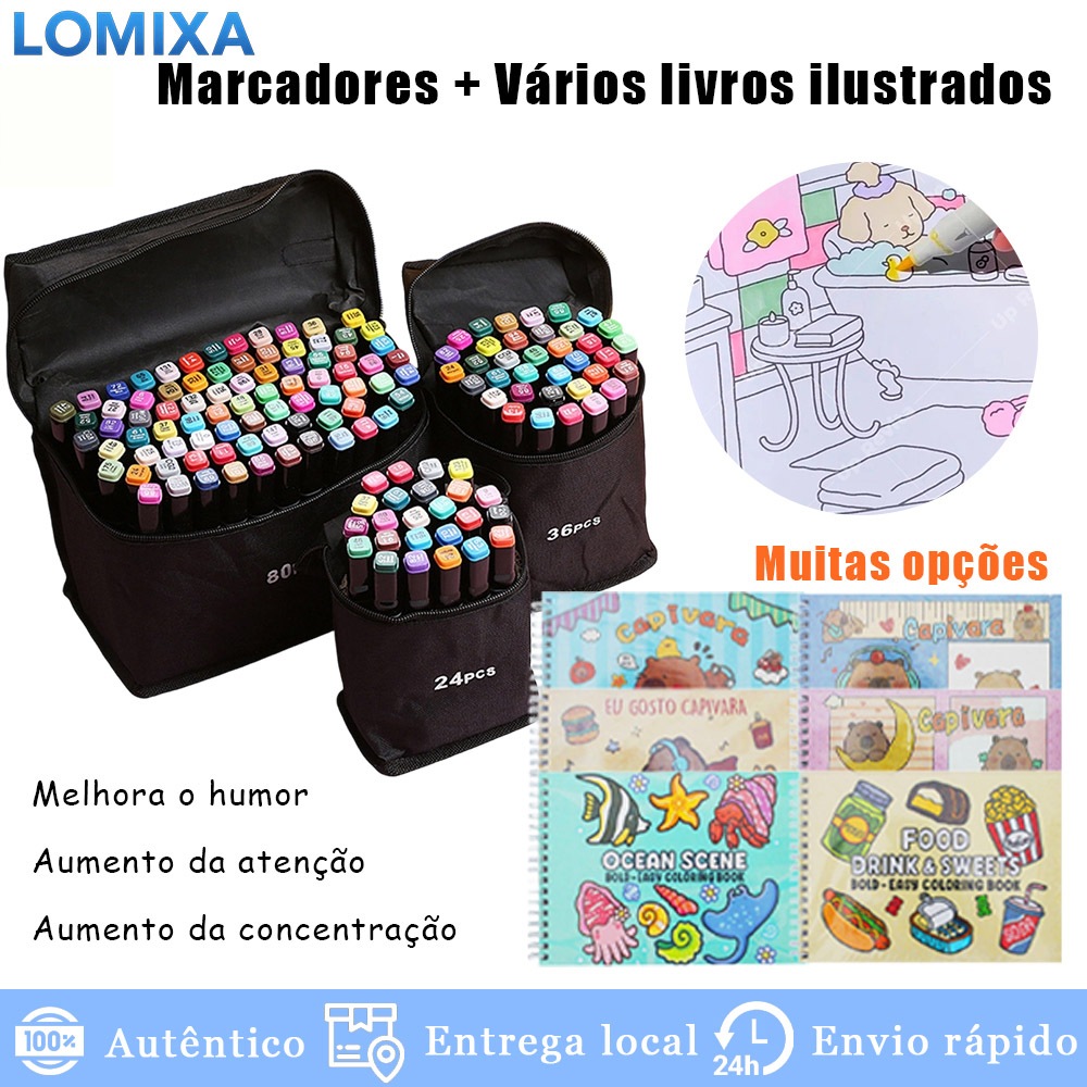 Kit Livro Colorir Capa Dura 50 Páginas Canetas Marcadoras Ponta Dupla 24/36/48/60/80 Cores