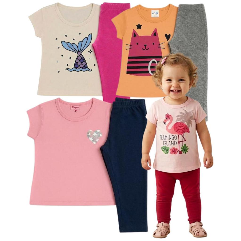 Kit com 3 Conjuntos Menina Infantil 1 Ano Camiseta e legging em Oferta na Shopee