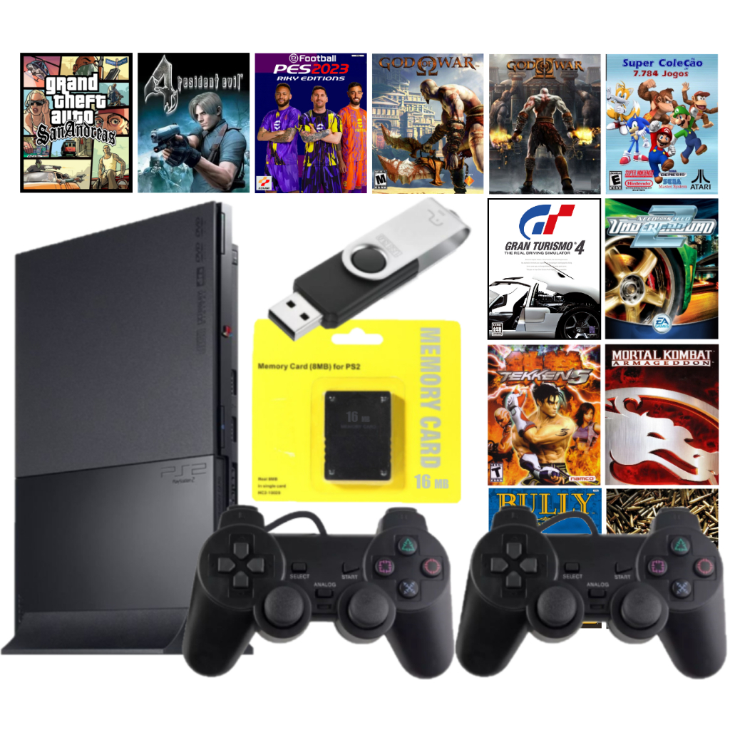 Playstation 2 Completo com 2 Controles + Pendrive 64GB + Nota Fiscal