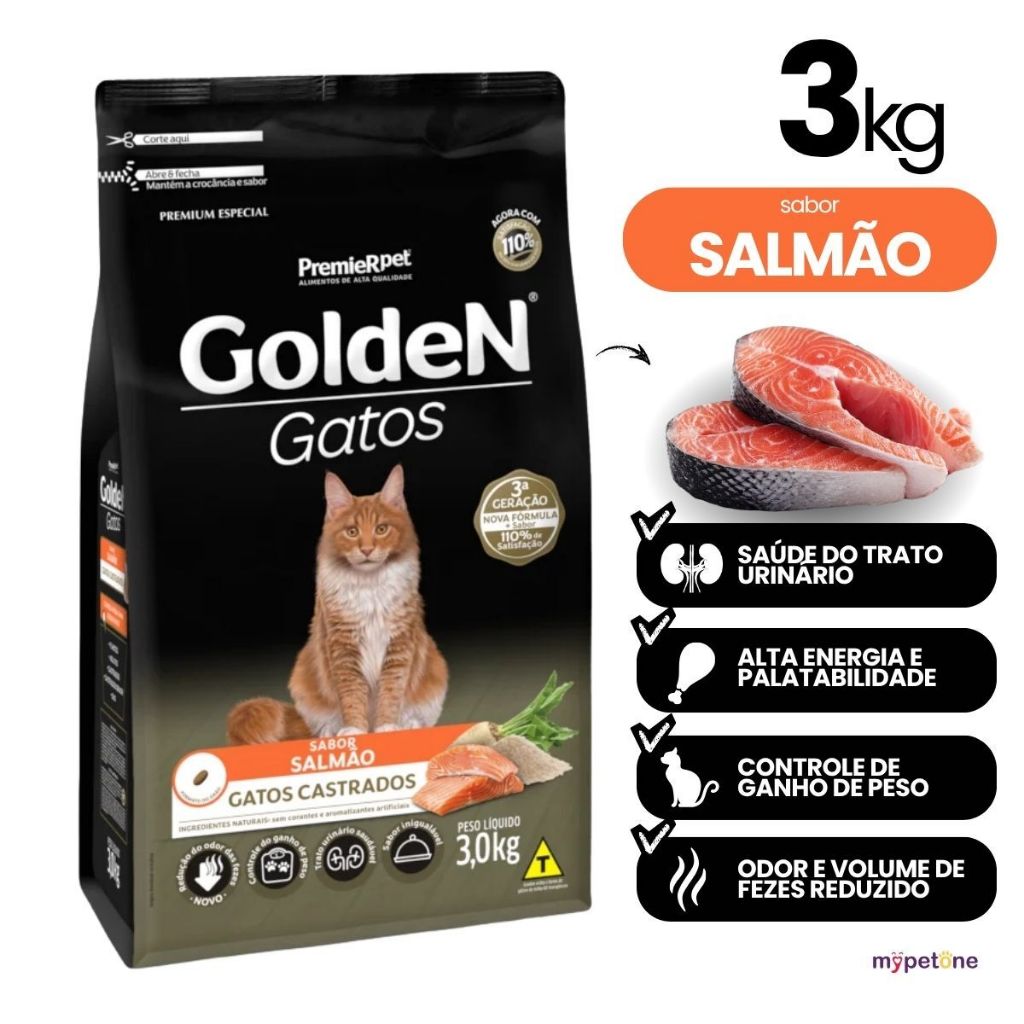 Ração Premier Golden Gatos Castrados Sabor Salmão 3kg