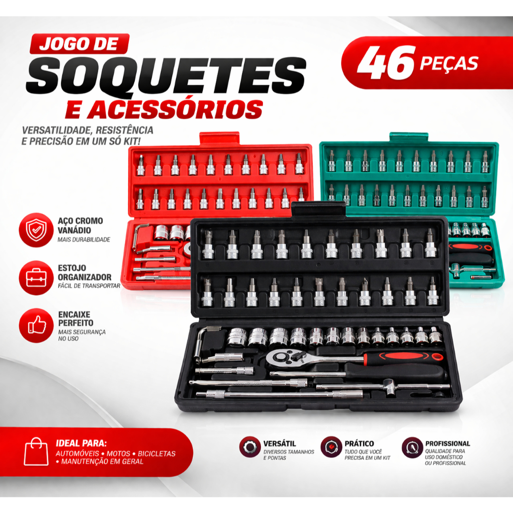 Kit Ferramentas 46 Peças Profissional com Maleta Resistente Portatil Multi Função Tarefa Reparos