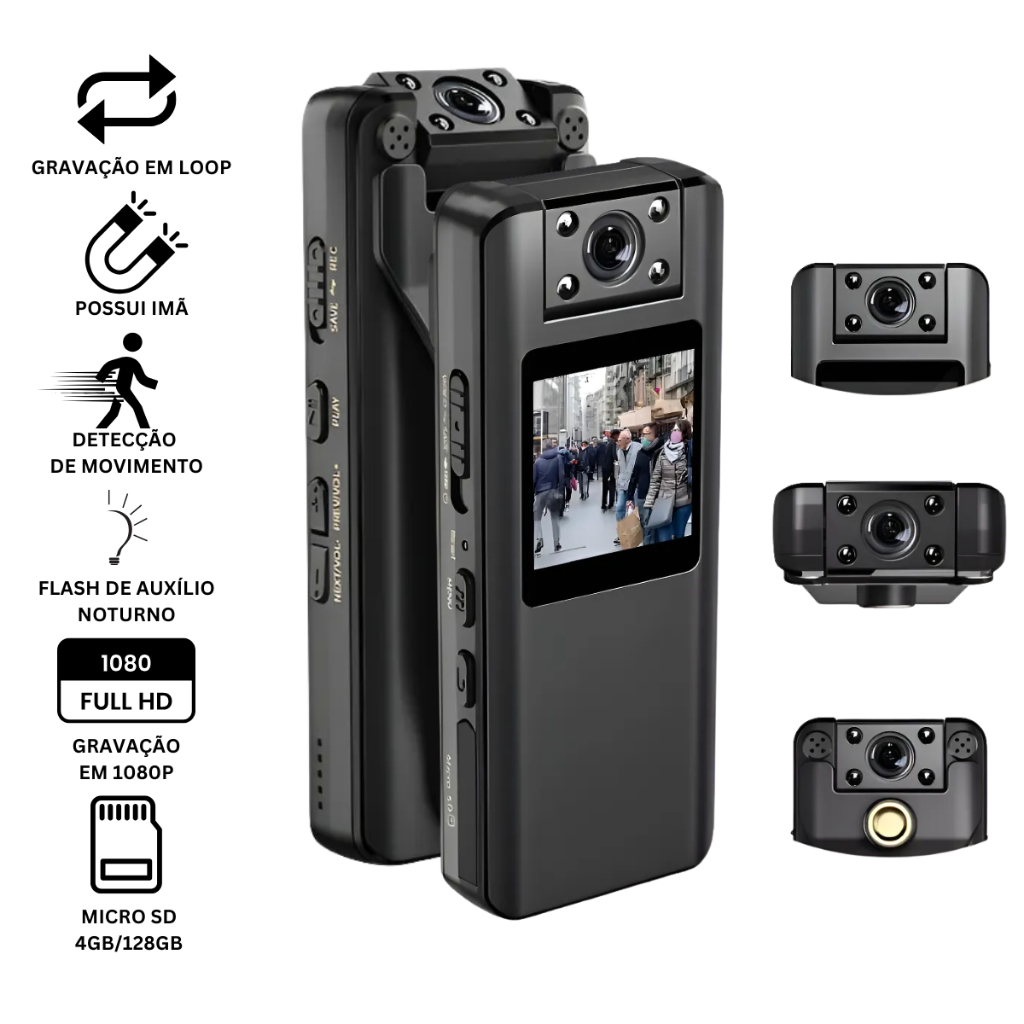 Micro Câmera Espiã Full HD 1080p com Sensor de Movimento, Visão Noturna e LCD 1.3”
