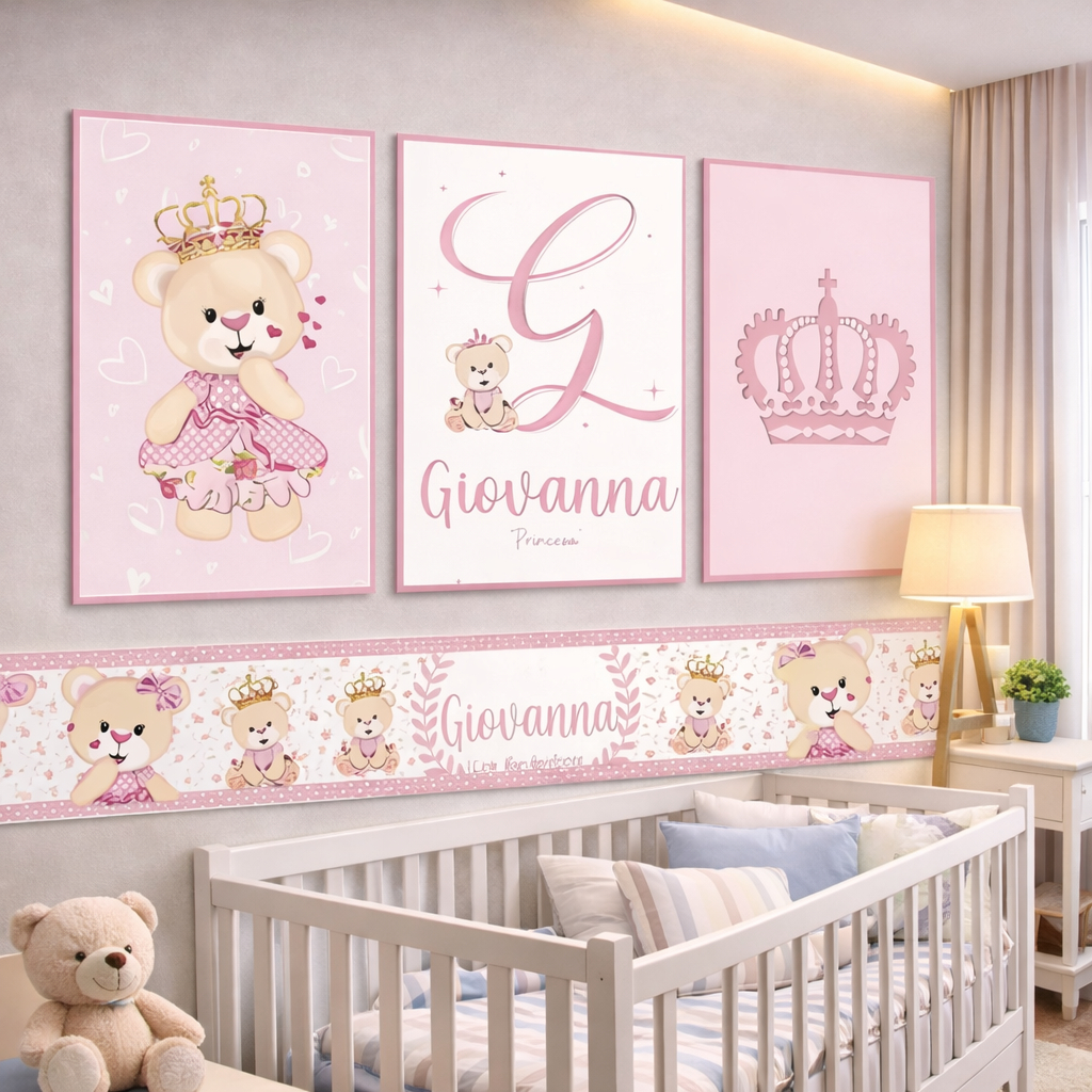 Kit 3 Quadros Decorativos Infantil Ursinha Princesa + Faixa Decorativa Infantil Personalizada Nome