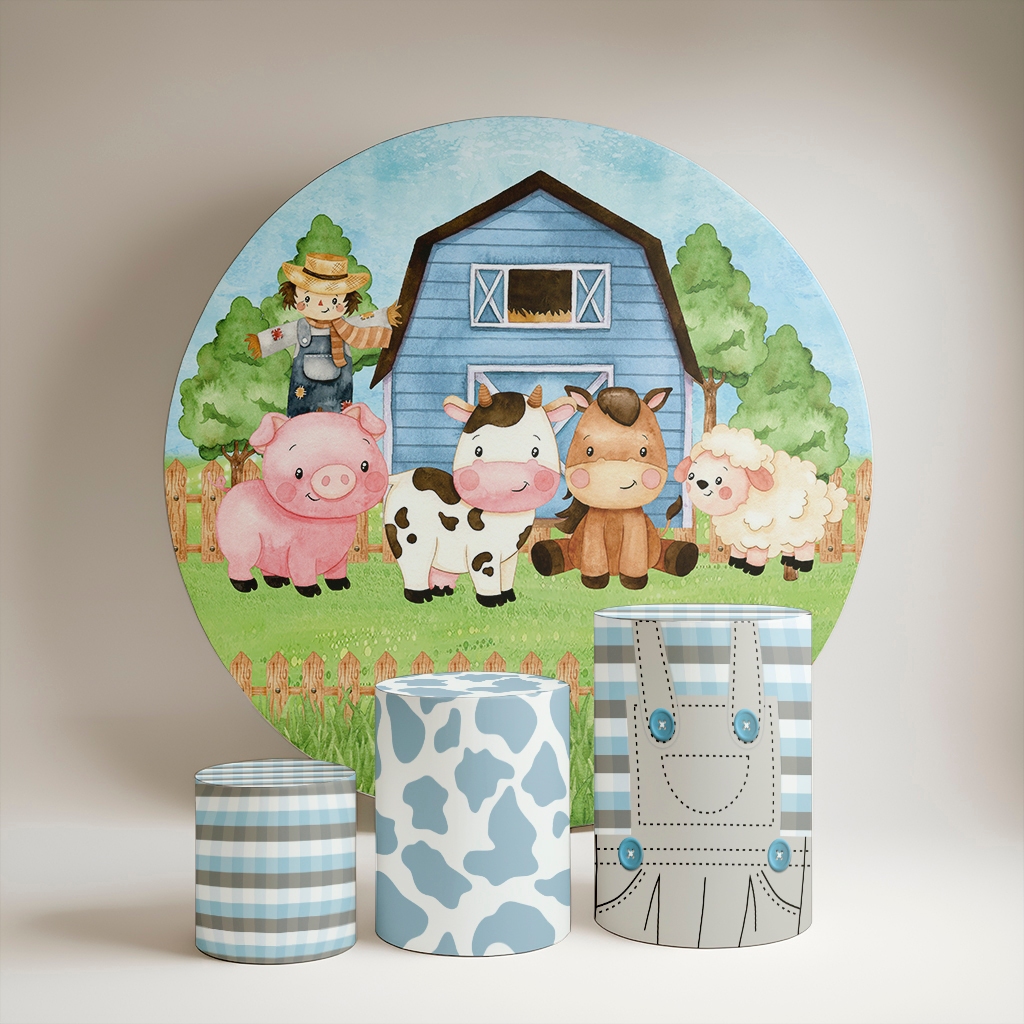 Kit Painel Redondo 1,5 m + Trio de Capas De Cilindro decoração fazendinha aquarela