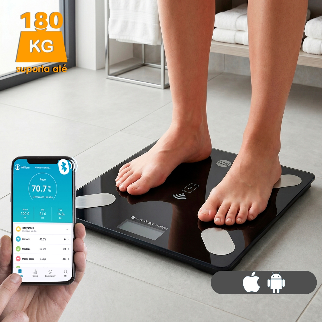 Balança Inteligente Bioimpedância e Bluetooth - App Grátis - Suporta até 180kg