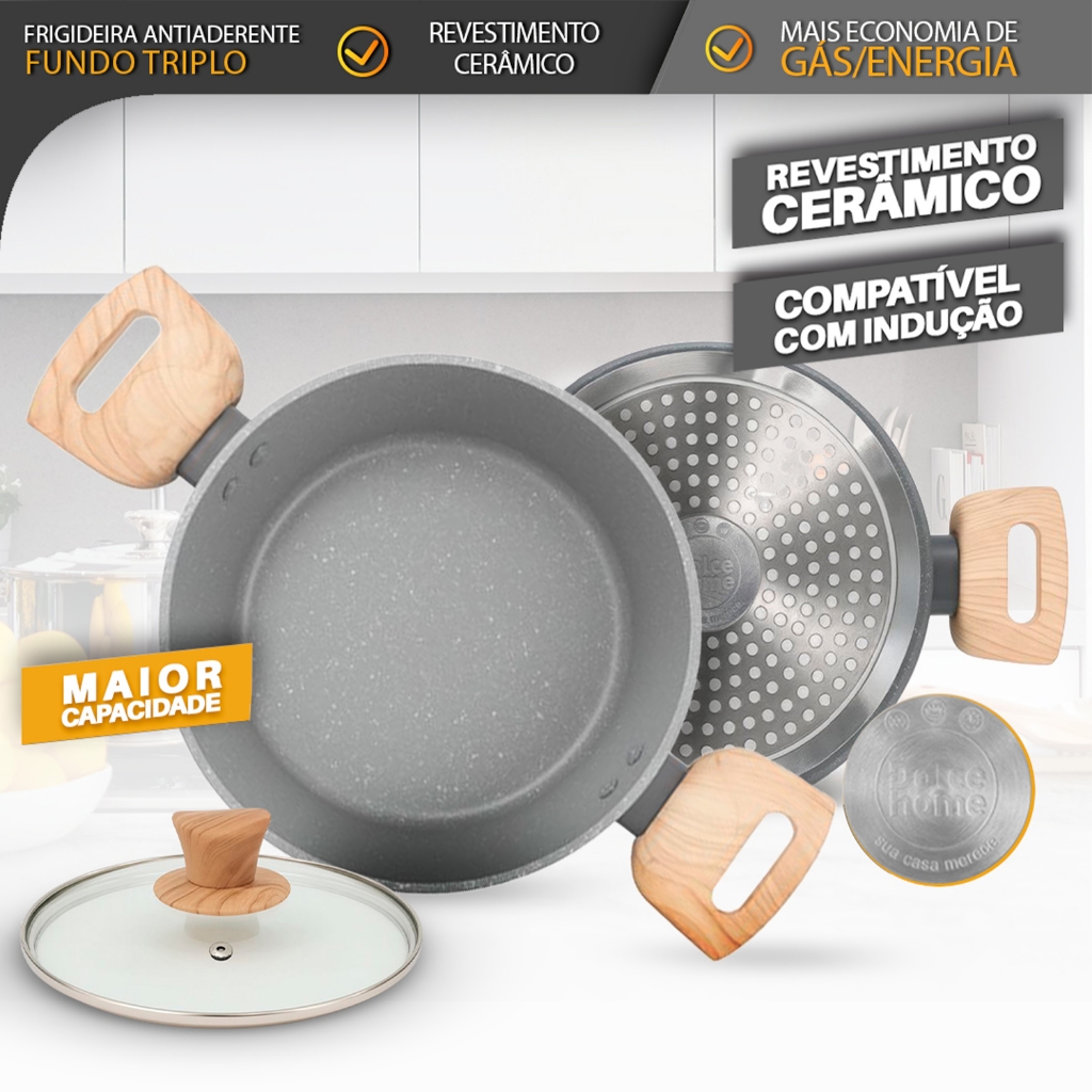 Caçarola Panela 5,9L Antiaderente Fundo Triplo com Tampa de Vidro – Cabo Efeito Madeira