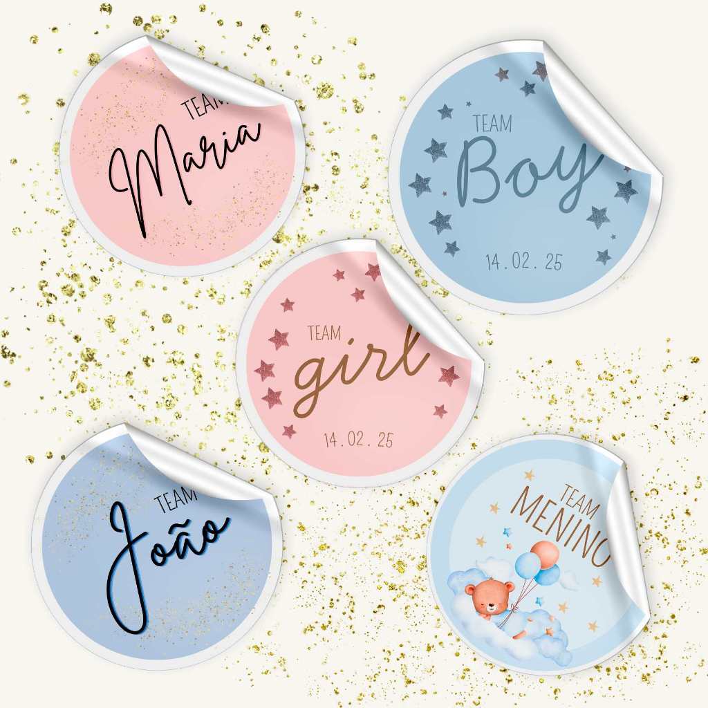 60 Adesivos 5cm Chá Revelação Personalizado nome e cores  - Envio rápido chá de bebe