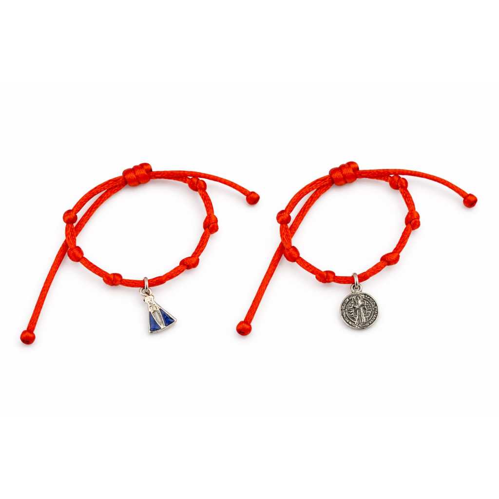 Pulseira kabbalah 7 nós vermelhas para bebê - Nossa Senhora Aparecida e São Bento