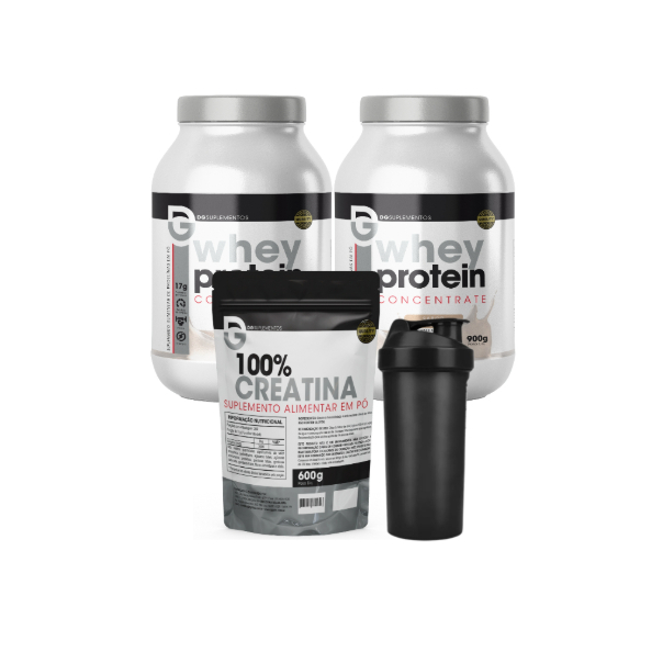 Kit 2x Whey Concentrado 900g + 100% Creatina Pura 600g + Coqueteleira - DG Labs
