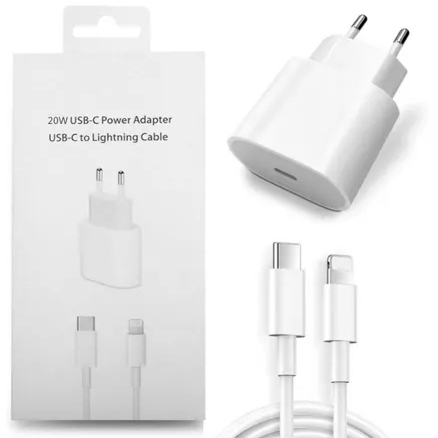 Carregador iPhone 20W Turbo + Cabo USB-C + Lightning Carga Super Rápida