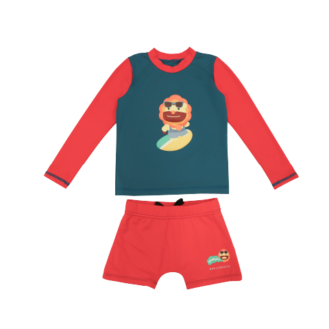 CONJUNTO CAMISETA E SUNGA UV +50 LEÃO MARCUS AZUL E VERMELHO