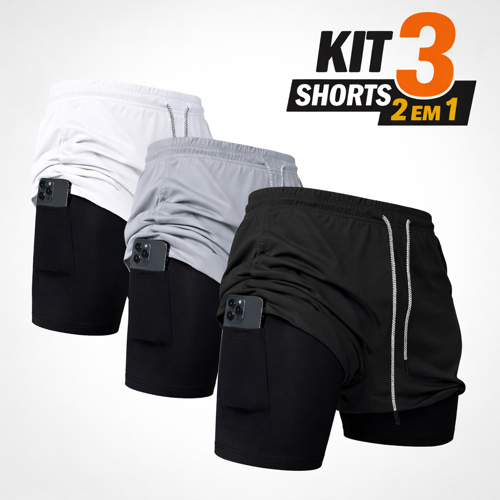 Kit 3 Shorts 2 em 1 Masculino Dry Fit Bolso Interno Para Celular Compressão Academia Corrida Fitness