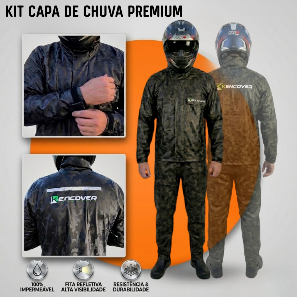 Capa de Chuva Conjunto Completo Moto Motoqueiro Motociclista Pvc Impermeável Camuflado Refletivo