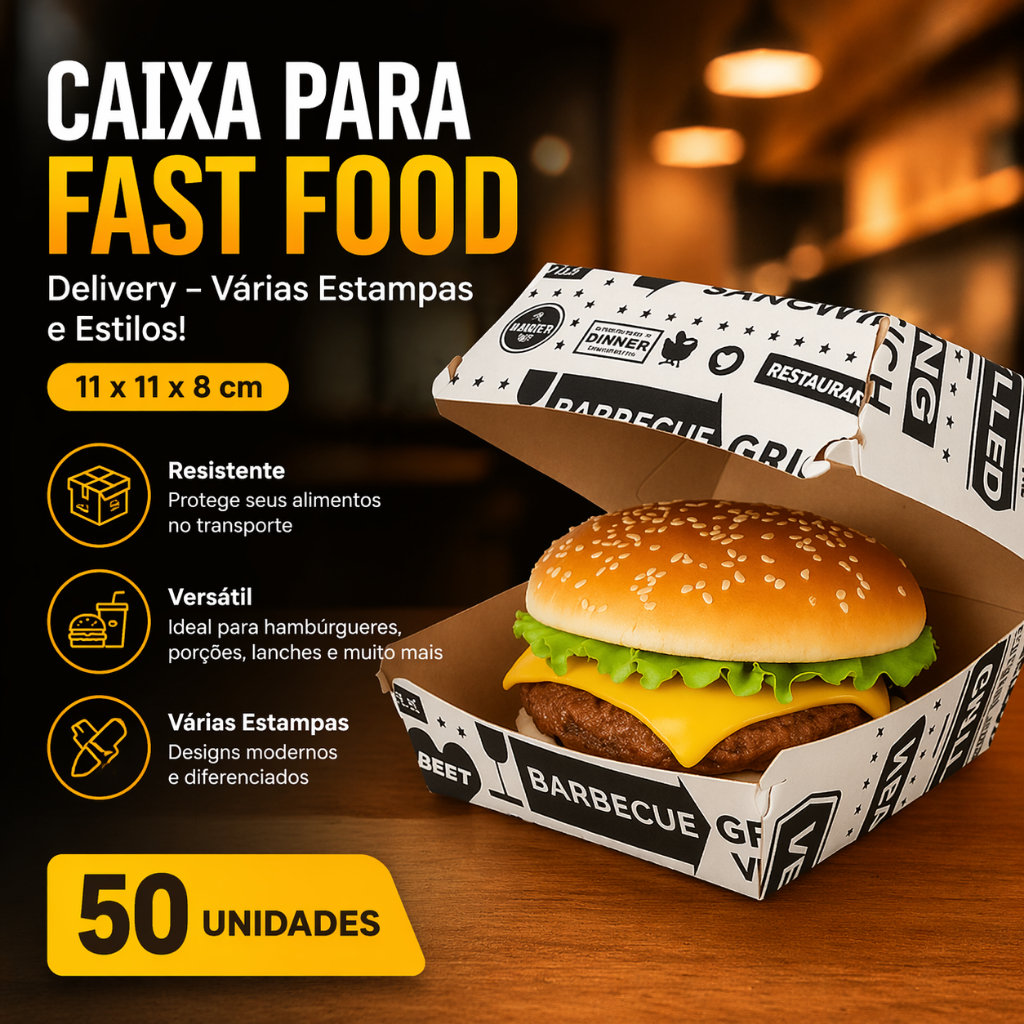 Caixa  para Fast Food-  Delivery – Várias Estampas e Estilos (11x11x8 cm) 50 uni
