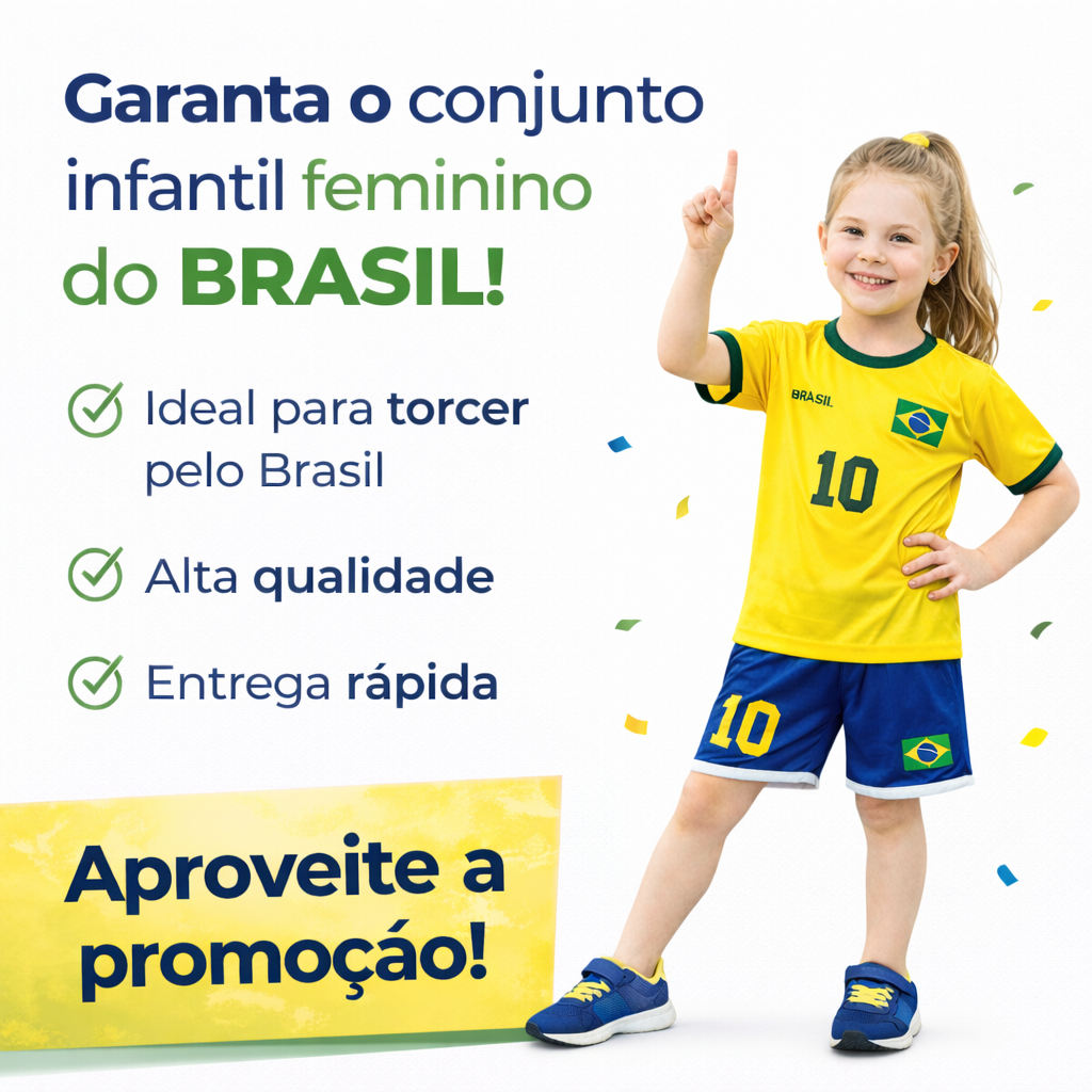 Conjunto Infantil Feminino Brasil Amarelo e Azul Camiseta + Shorts