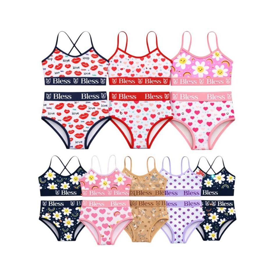 Kit 5 Conjuntos Infantil Juvenil Pré Adolescente Calcinha e Sutiã Top Lisos e Estampados