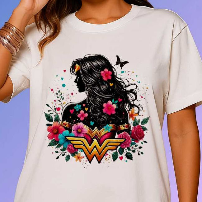Camiseta blusa feminina Mulher maravilha com flores - estampa Mulher - presente esposa mãe namorada
