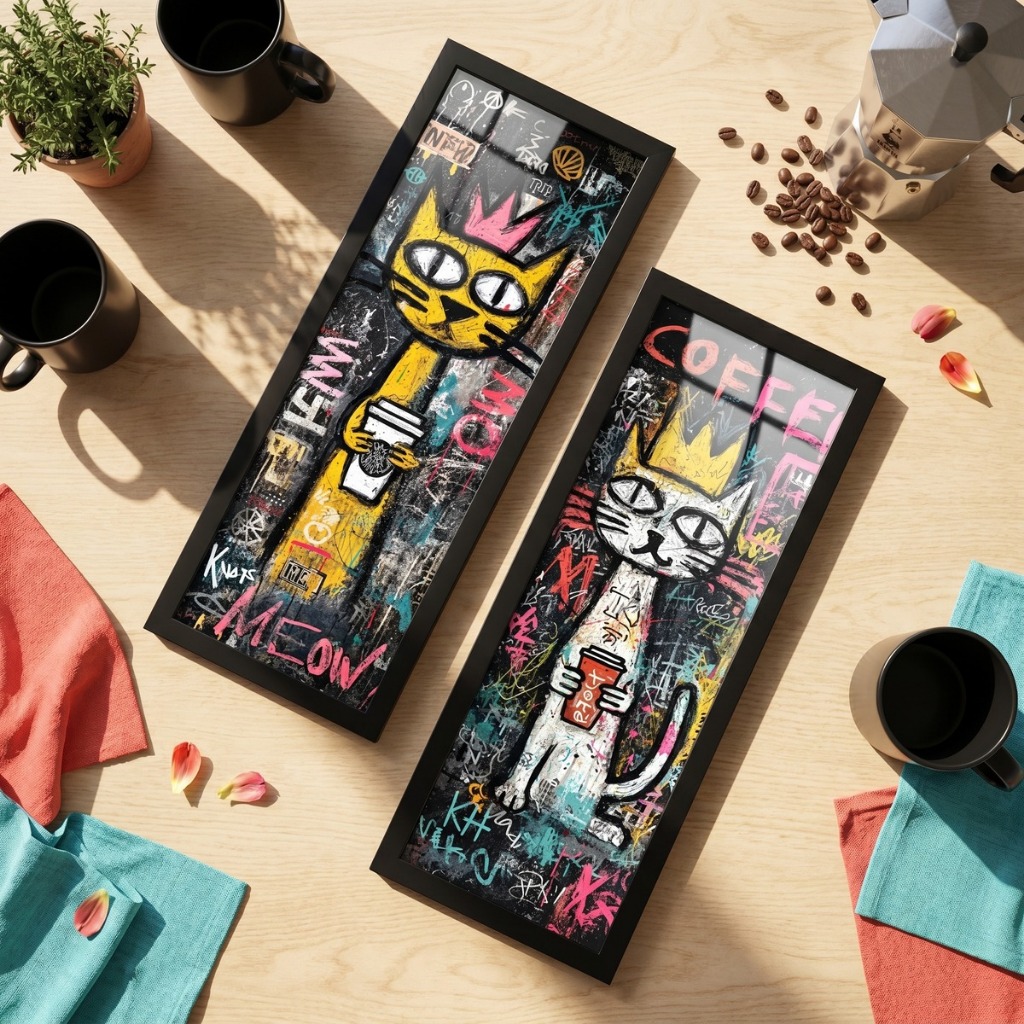 Kit 2 Quadros Decorativos 18x45 Gato Café Arte Urbana Estilo Basquiat Moldura Vidro Cozinha Coffee em Oferta na Shopee