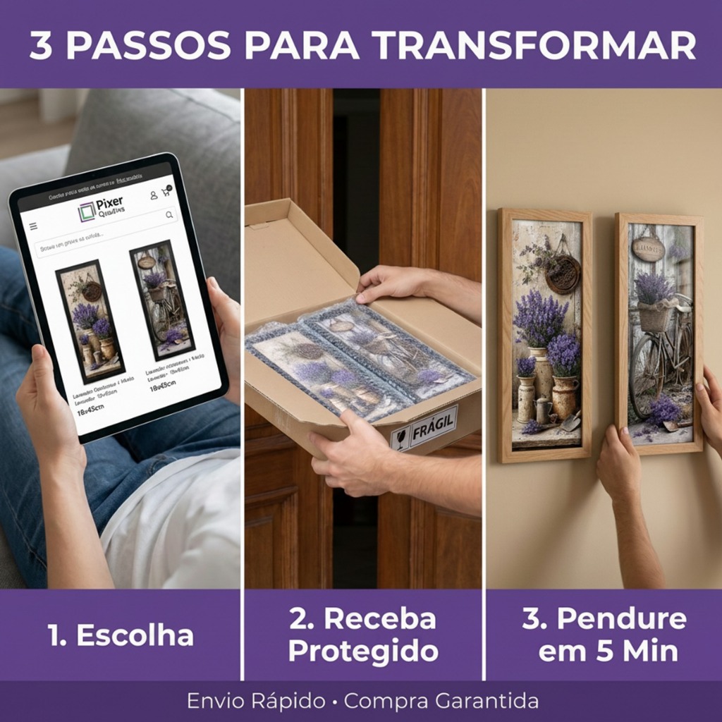 Kit 2 Quadros Decorativos Verticais 18x45 Lavanda Rústico Provença Flores Moldura Vidro Sala Quarto — imagem 2 de 2