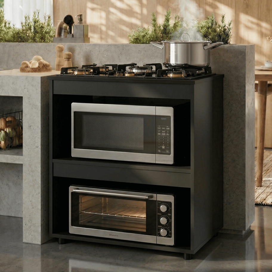 Imagem Balcão p/ Cooktop 4 ou 5 Bocas Cozinha Moderna Madeira Armário 2 Nichos Organizador Tampo Blue Moby
