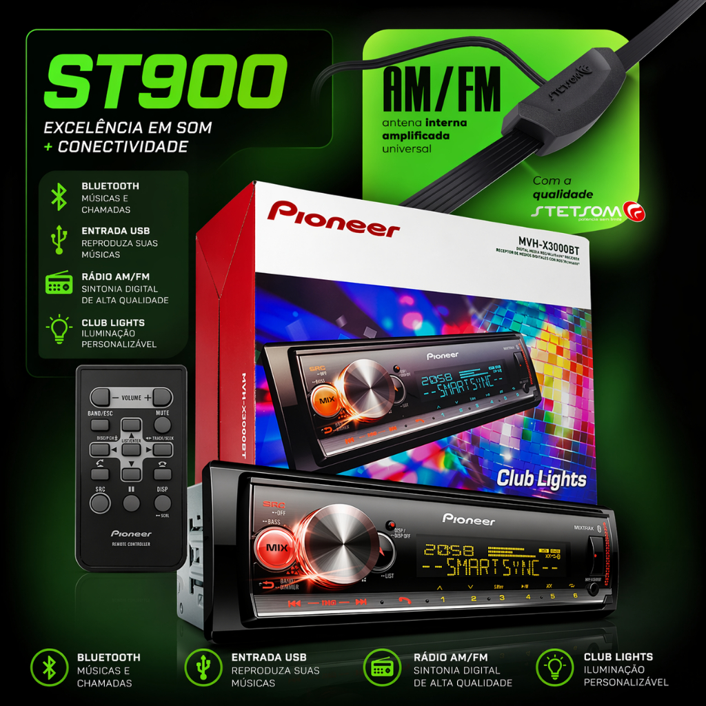 Radio Pioneer MVH-X3000Br Aparelho MP3 Player Auto Som Automotivo Bluetooth Usb Aux FM AM com Antena
